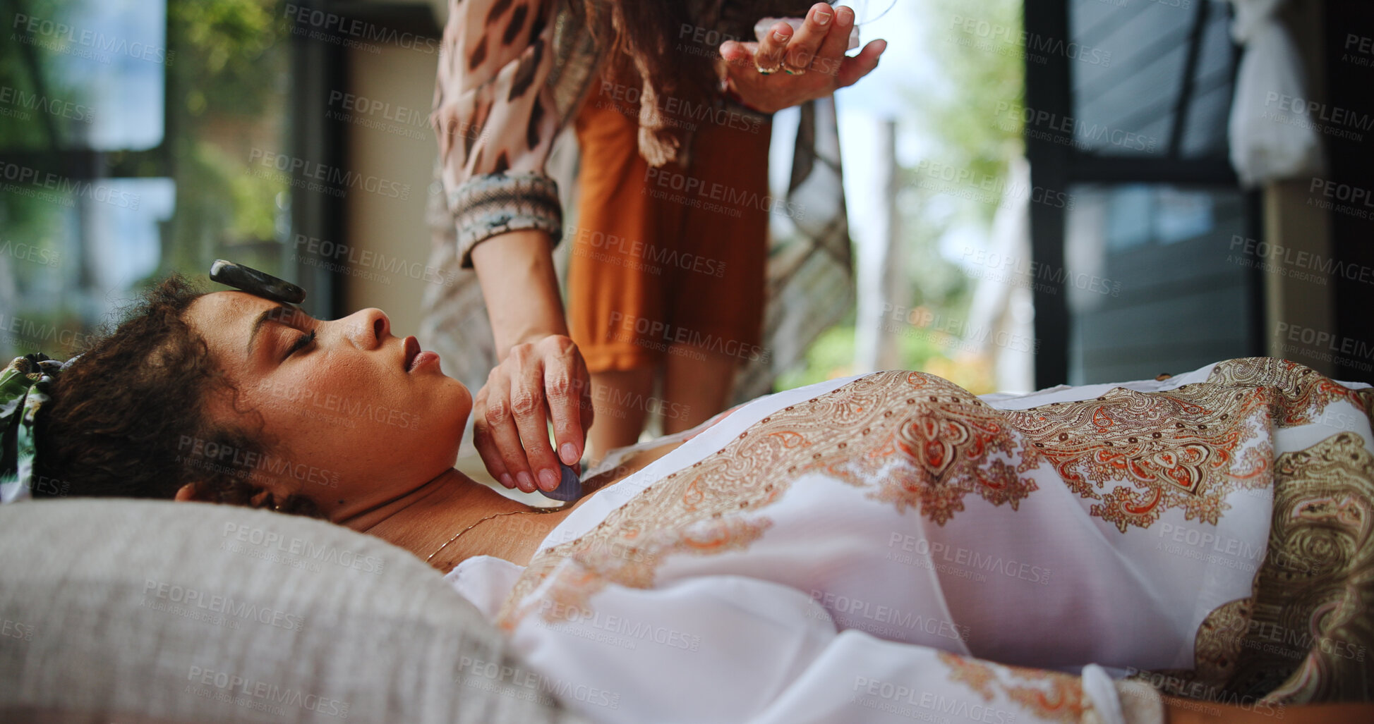 Buy stock photo Ritual, inner peace and woman with healer, hands and meditation for self awareness, spiritual and smoke. Ceremony, chakra and holistic for soul with gemstone, zen and awakening of person with shaman