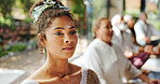 Peace, face and woman with meditation for calm mindset, zen and relax in group breathing exercise. Air, exhale and people in class together for mindfulness, mental wellness or holistic self care