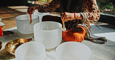 Buy stock photo Hands, person and healing with sound therapy of naturopath, homeopath ritual and holistic practice. Healer, bowl and aromatherapy for natural recovery, meditation and spiritual mantra of mindfulness