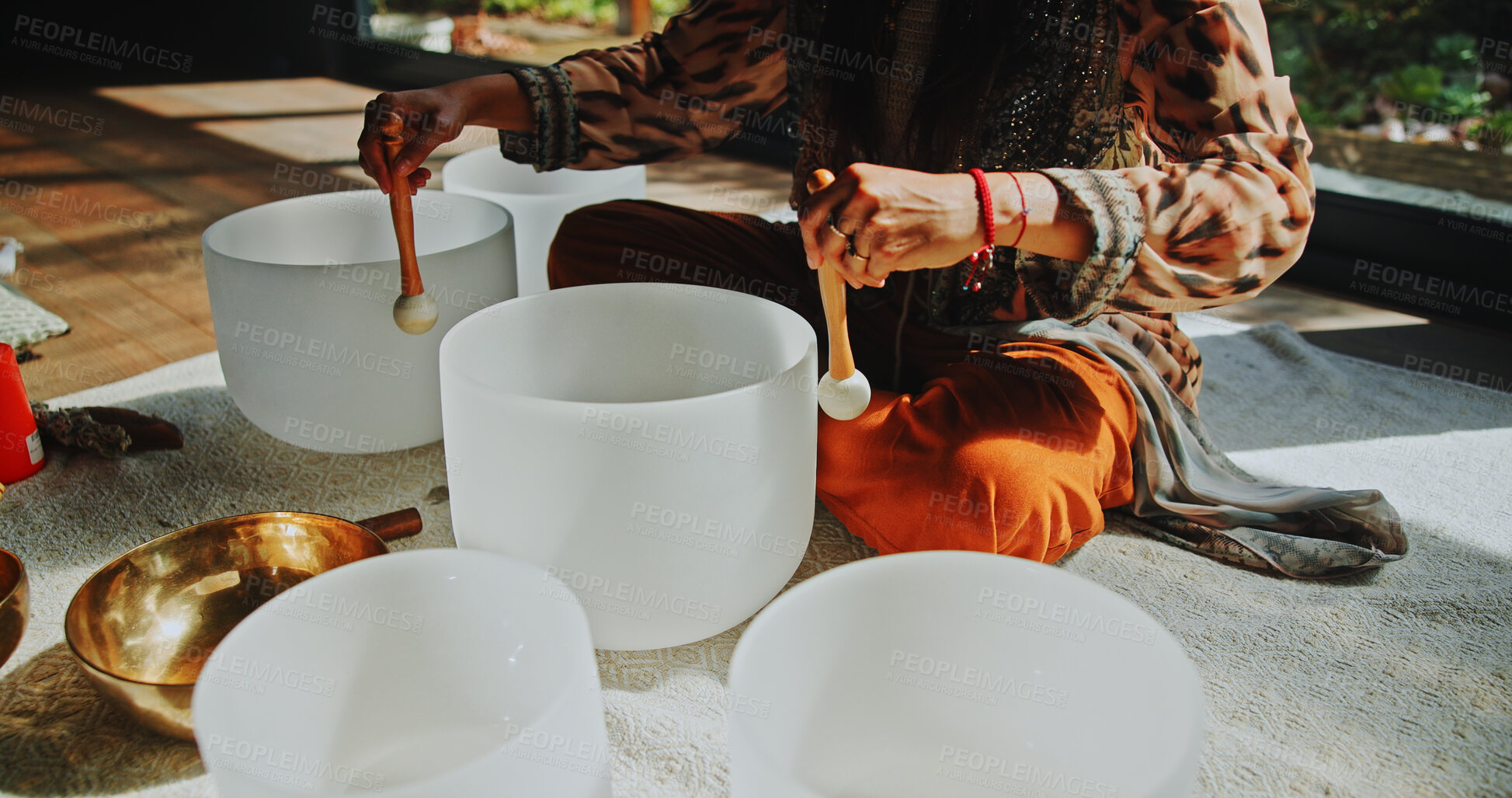 Buy stock photo Hands, person and healing with sound therapy of naturopath, homeopath ritual and holistic practice. Healer, bowl and aromatherapy for natural recovery, meditation and spiritual mantra of mindfulness