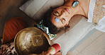 Healing, calm and woman with healer, hands and meditation for self awareness, spiritual and gemstone. Inner peace, chakra and zen with ceremony for soul, holistic and awakening of person with mantra