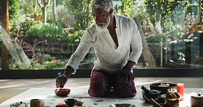 Buy stock photo Healing, wellness and holistic with black man and incense for spiritual retreat, self care ritual and burning herbs. Aromatherapy, mindfulness and smudge ceremony with person for aura cleanse