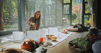 Buy stock photo Woman, sound therapy and healing people with naturopath, homeopath ritual and holistic practice. Healer, bowl and aromatherapy for natural recovery, meditation and spiritual ceremony for mindfulness