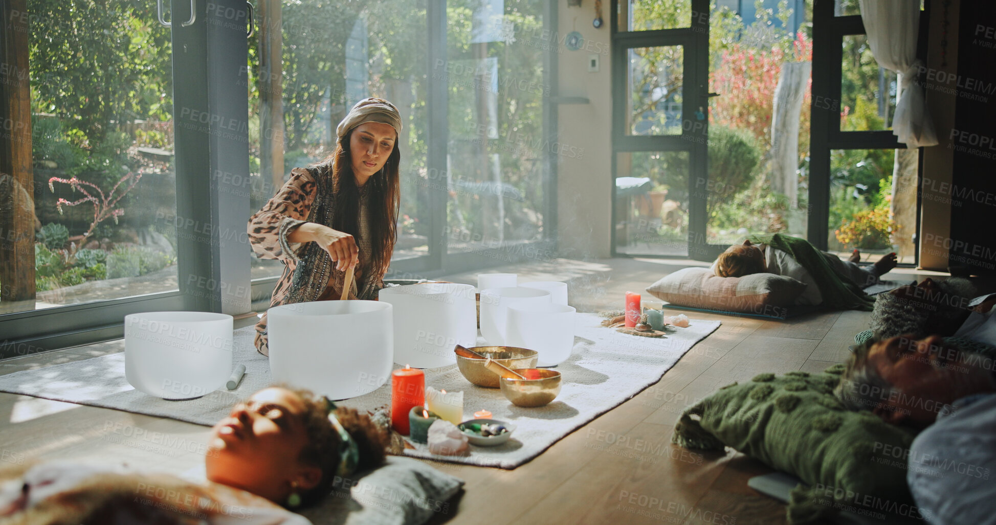 Buy stock photo Woman, sound therapy and healing people with naturopath, homeopath ritual and holistic practice. Healer, bowl and aromatherapy for natural recovery, meditation and spiritual ceremony for mindfulness