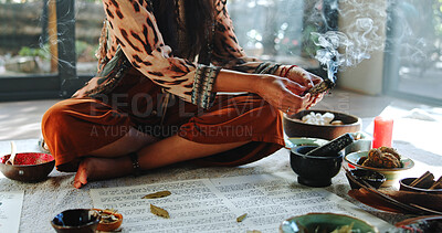 Buy stock photo Healing, smoke and holistic with hands of woman for spiritual retreat, self care ritual and burning herbs. Naturopath, mindfulness and smudge ceremony with closeup of person for aura cleanse
