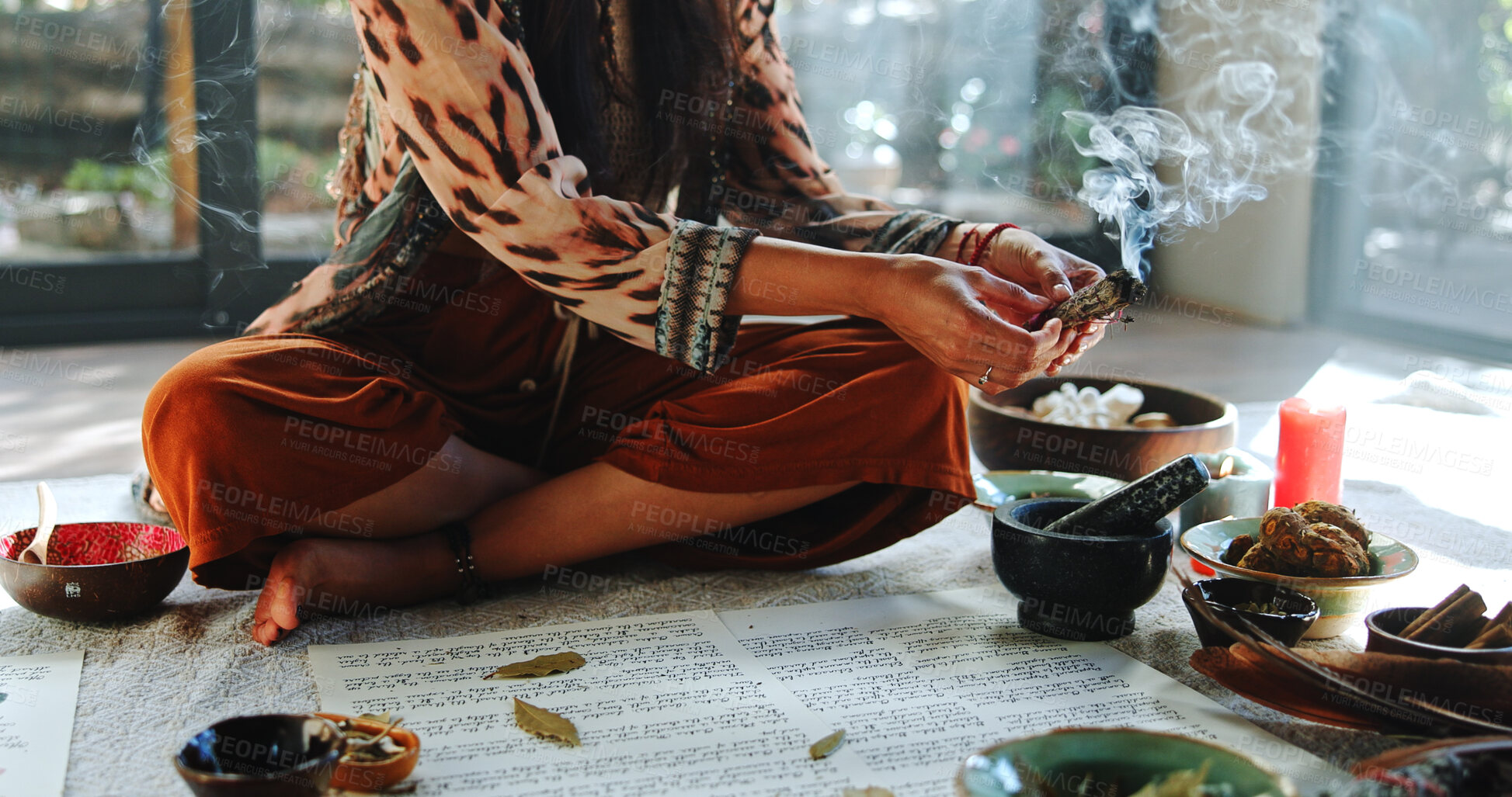 Buy stock photo Healing, smoke and holistic with hands of woman for spiritual retreat, self care ritual and burning herbs. Naturopath, mindfulness and smudge ceremony with closeup of person for aura cleanse
