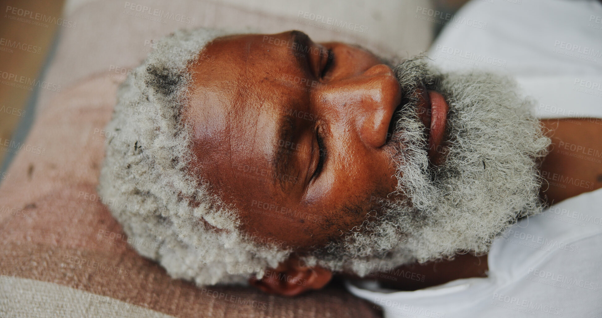 Buy stock photo Relax, calm and black man at meditation class for mindfulness, peace and balance practice. Zen, yoga nidra and mature person at somatic healing session for wellness, health or trauma release.