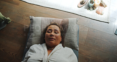 Buy stock photo Relax, zen and woman at guided meditation class for mindfulness, peace and balance practice. Above, yoga nidra and female person at somatic healing session for wellness, health or trauma release.