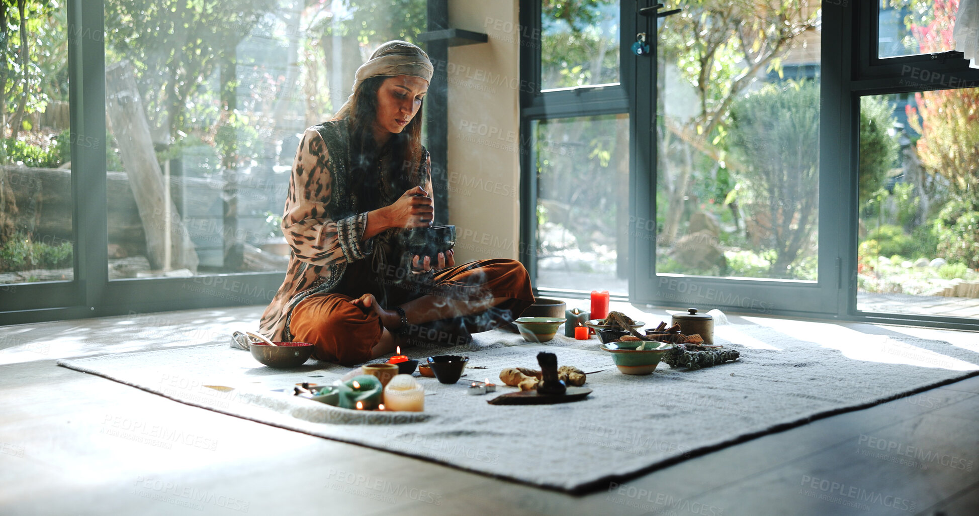 Buy stock photo Crystal, alternative medicine and woman on floor for spiritual meditation, holistic treatment and healing. Aromatherapy, cleanse and person with stones for balance, chakra and detox for wellness