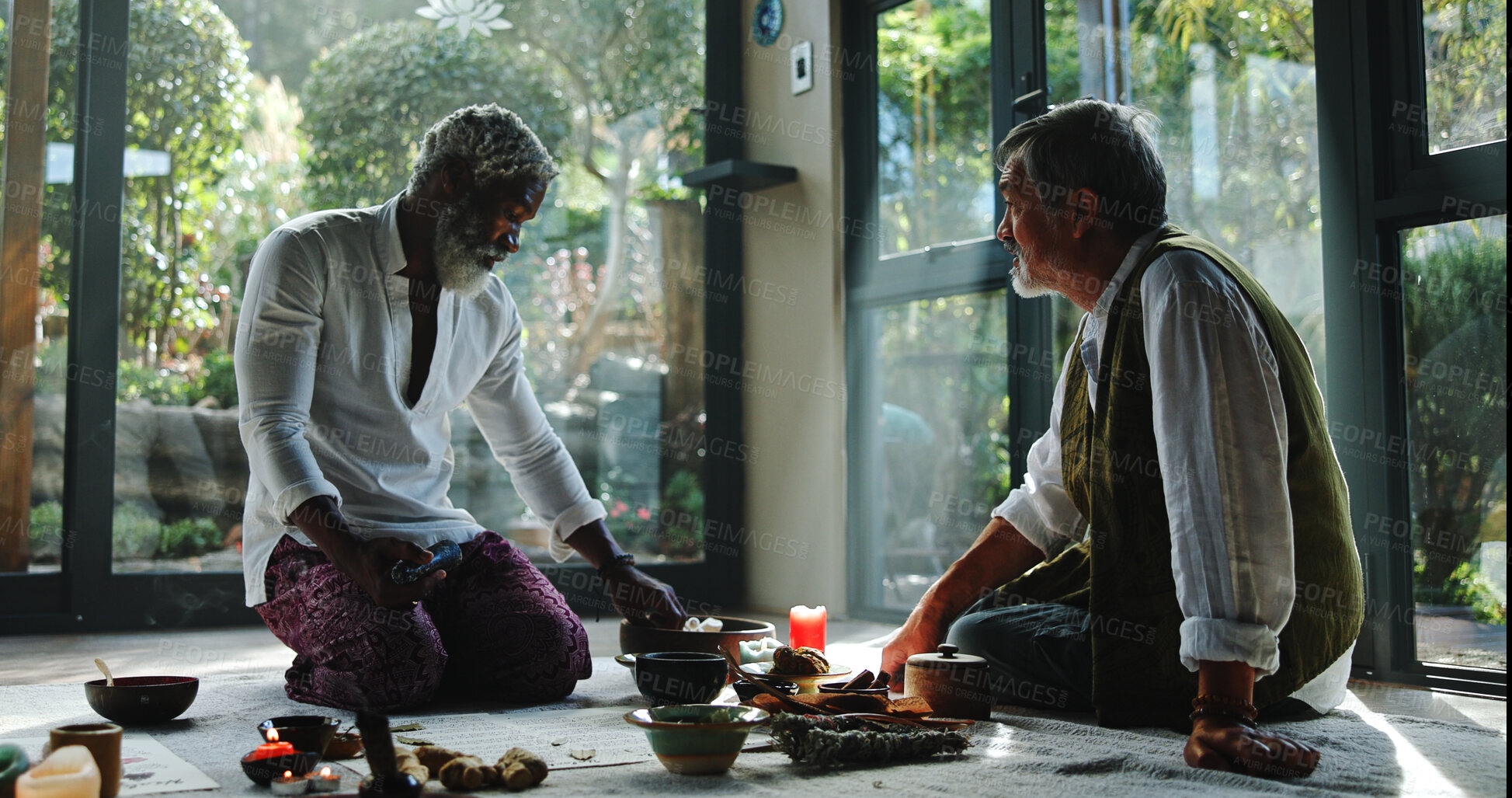 Buy stock photo Healing, wellness and holistic with senior people in studio for spiritual retreat, self care ritual and burning herbs. Aromatherapy, mindfulness and smudge ceremony with men for aura cleanse together