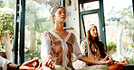 Peace, lotus and woman with group meditation for calm mindset, zen or relax in breathing exercise. Posture, morning and people in class together for mindfulness, mental wellness or holistic self care