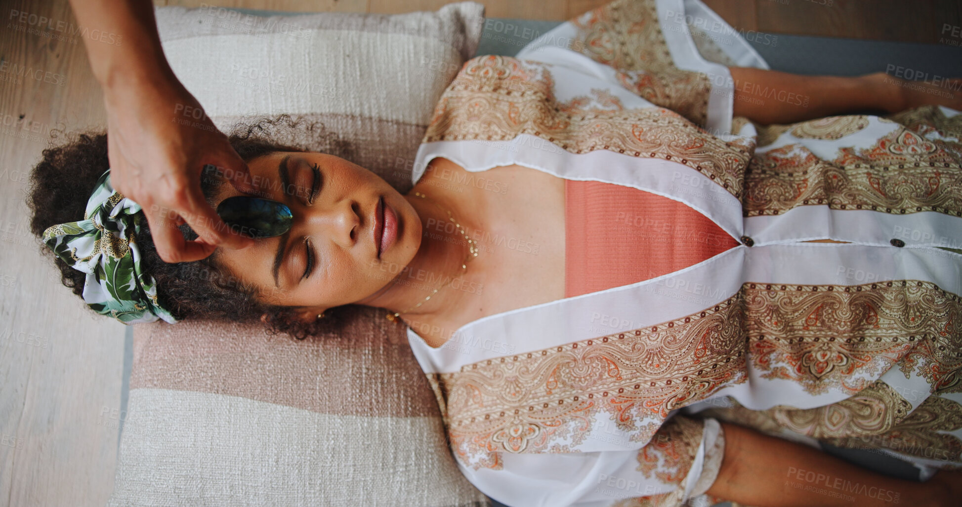 Buy stock photo Ritual, inner peace and woman with healer, spiritual and meditation for self awareness, hands and calm. Ceremony, chakra and holistic for soul with gemstone, zen and awakening of person with shaman