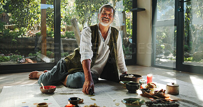 Buy stock photo Crystal, alternative medicine and portrait of Asian man for spiritual meditation, holistic treatment and healing. Aromatherapy, cleanse and person with stones for peace, chakra and detox for wellness