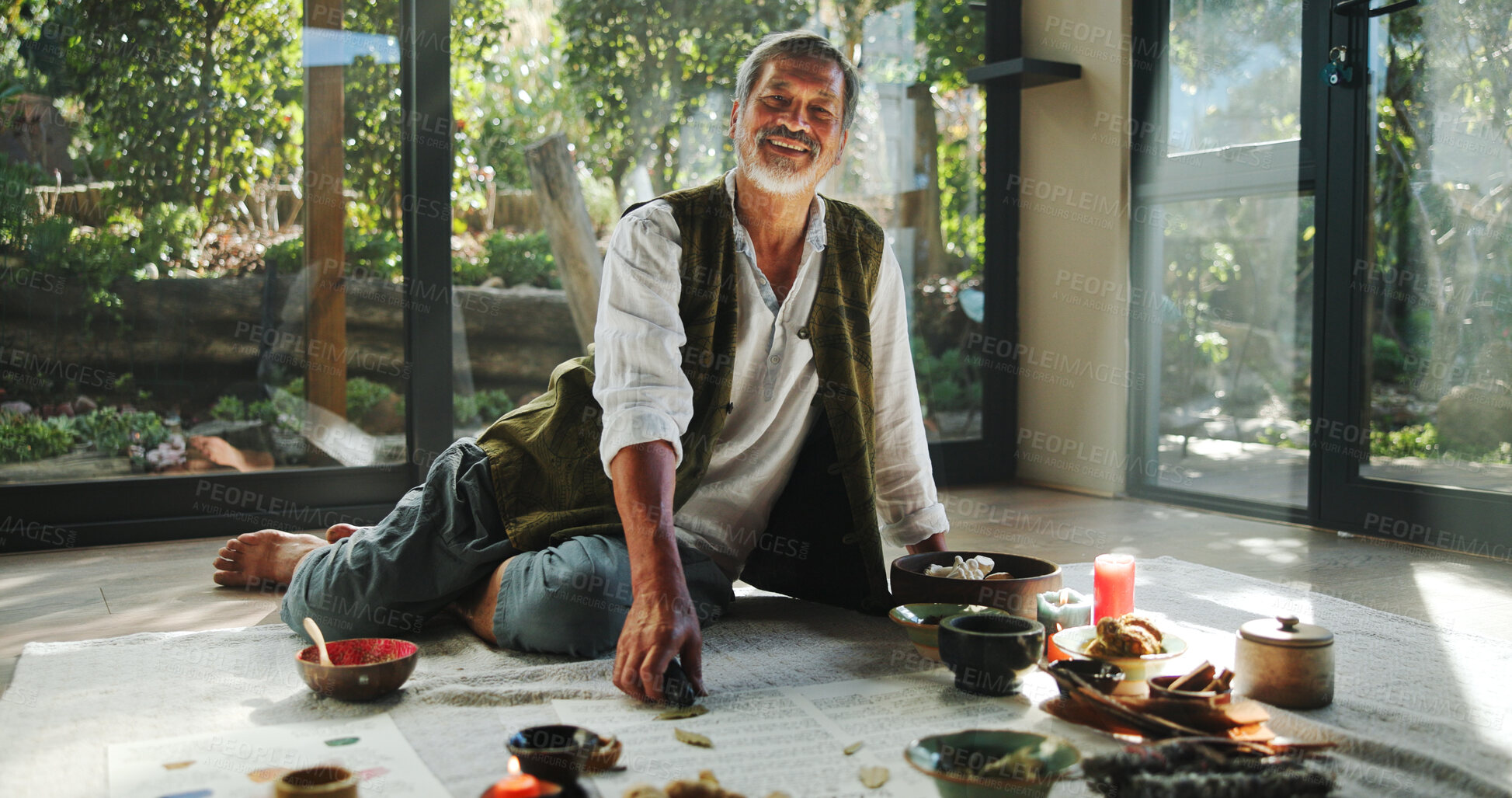 Buy stock photo Crystal, alternative medicine and portrait of Asian man for spiritual meditation, holistic treatment and healing. Aromatherapy, cleanse and person with stones for peace, chakra and detox for wellness