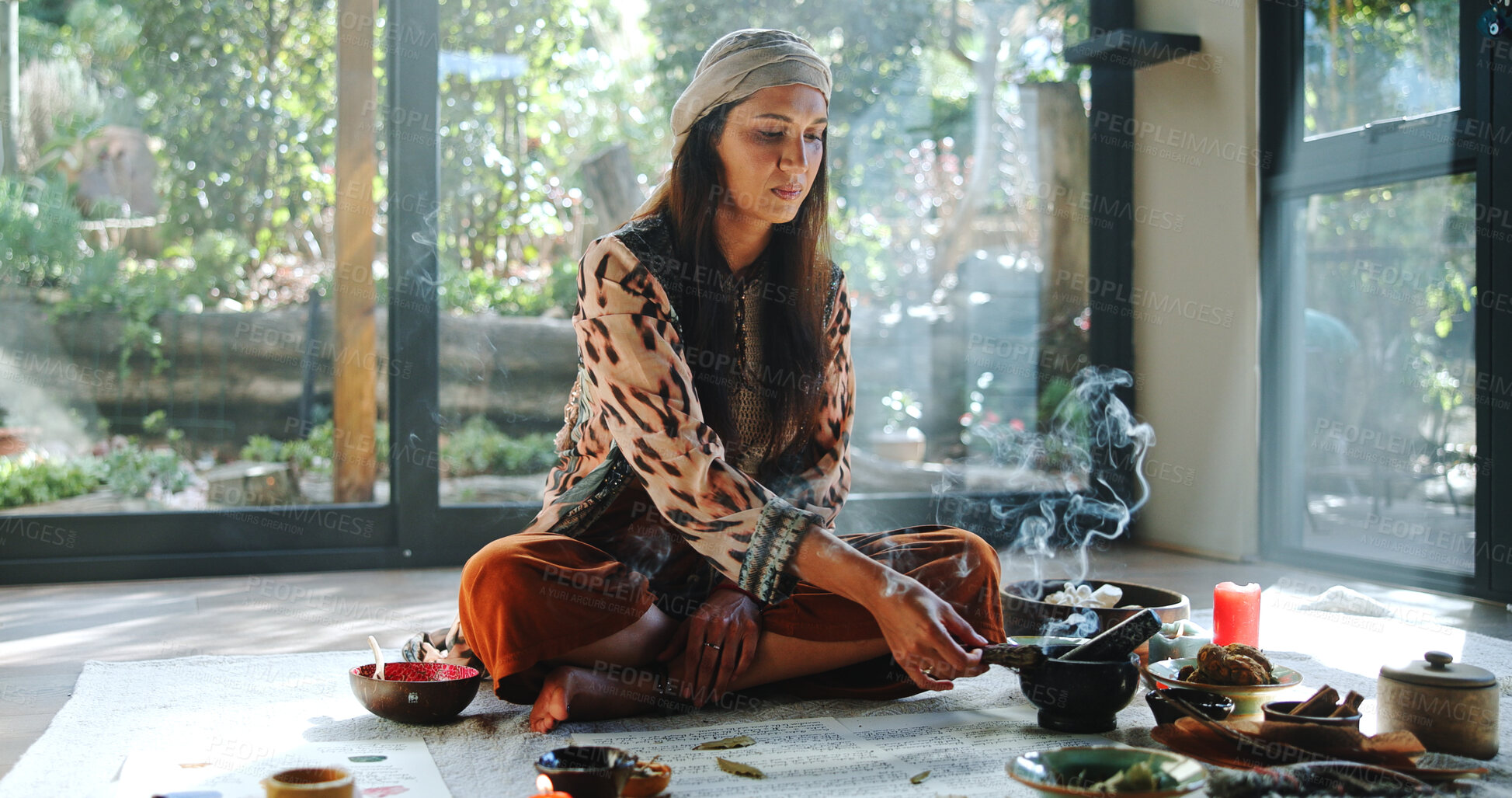 Buy stock photo Incense, alternative medicine and woman on floor for spiritual meditation, holistic treatment and healing. Aromatherapy, cleanse and person with stones for balance, chakra and detox for wellness