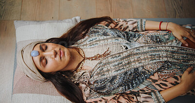 Buy stock photo Woman, crystal and healing with chakra on floor, above and energy for therapy with rest on vacation. People, rocks and holistic care with mineral, mindfulness and peace for zen with balance at resort