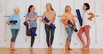 Buy stock photo Yoga, conversation and senior women in class, gossip and fitness with feedback, exercise and healthy. People, friends and group in wellness center, body care and community with pilates studio or talk