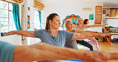 Buy stock photo Elderly people, stretching and group for yoga with zen, fitness exercise and spiritual wellness. Senior women, warrior pose and community pilates, holistic practice and body balance at health club