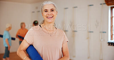 Buy stock photo Senior, happy woman or portrait with yoga mat for pilates class, spiritual wellness or mental health. Face, female person or elderly yogi with smile for mindfulness, zen or holistic session in studio
