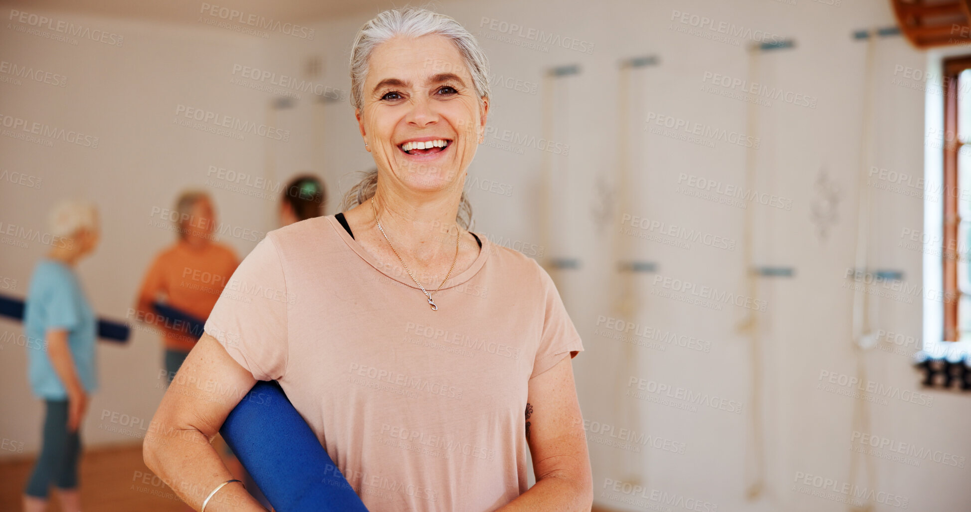 Buy stock photo Senior, happy woman or portrait with yoga mat for pilates class, spiritual wellness or mental health. Face, female person or elderly yogi with smile for mindfulness, zen or holistic session in studio
