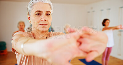 Buy stock photo Senior woman, stretching and instructor in yoga class for fitness, exercise and community for wellness. Elderly person, teaching and pilates for spiritual healing, balance and group at health club