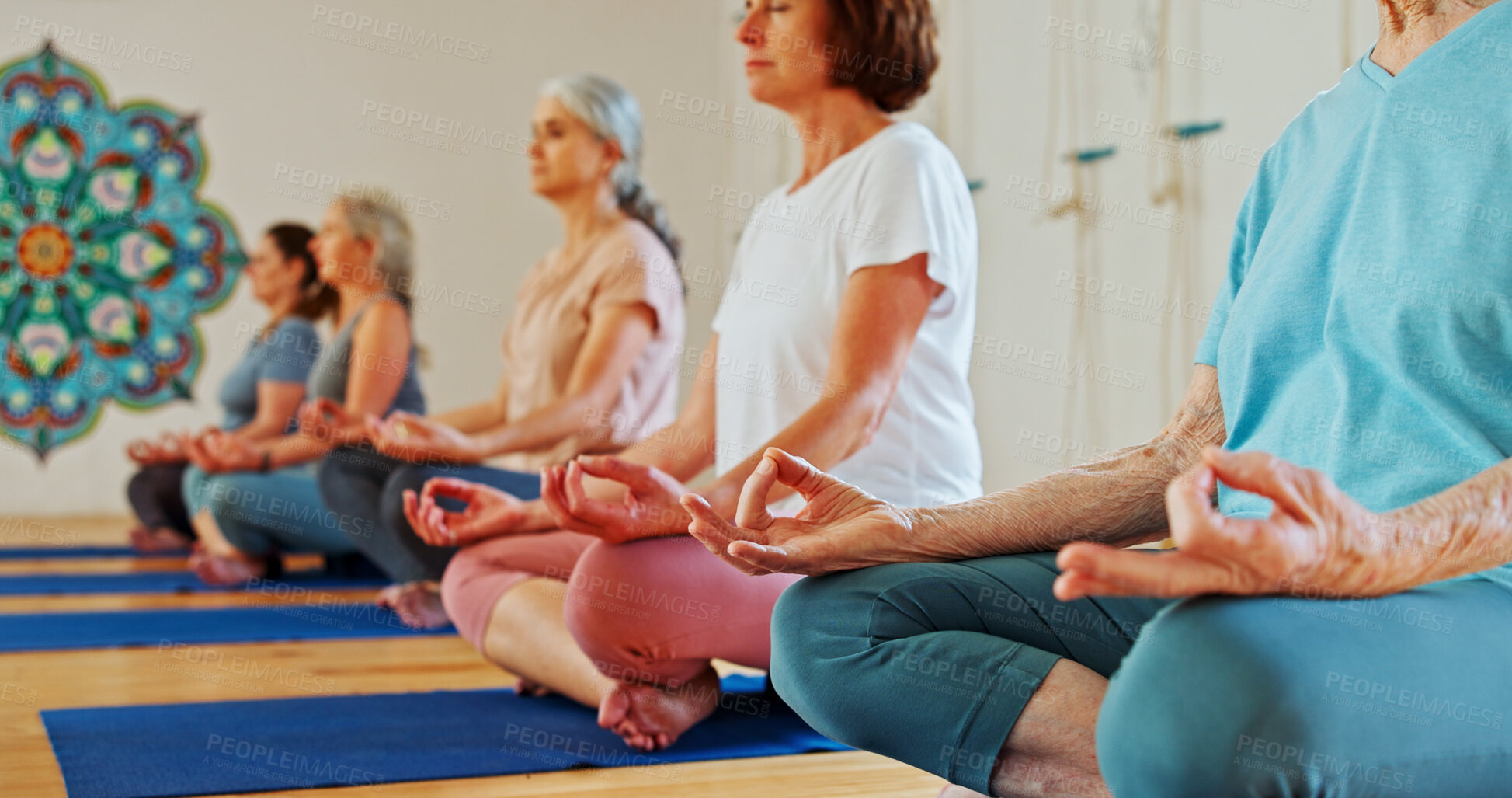Buy stock photo Hands, lotus and women with meditation class for calm mindset, zen or peace in mental wellness. Posture, morning and people in group together for mindfulness, relax or holistic self care on yoga mat