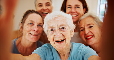 Buy stock photo Selfie, senior and smile with woman group in home together for bonding, reunion or visit. Photograph, profile picture and social media with old people friends in retirement apartment for memories