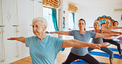 Buy stock photo Senior woman, group and stretching for yoga for zen, fitness exercise and spiritual wellness. Elderly people, warrior pose and community for pilates, holistic practice and body balance at health club