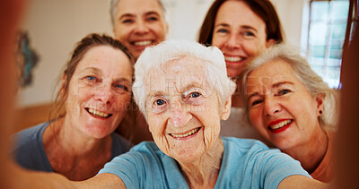 Buy stock photo Selfie, senior and smile with woman friends in home together for bonding, fitness or visit. Photograph, profile picture and social media with group of old people in retirement apartment for yoga
