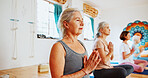 Hands, namaste and mature women with meditation for calm mindset, zen or peace in mental wellness. Posture, morning and people in class together for mindfulness, relax or holistic self care in yoga