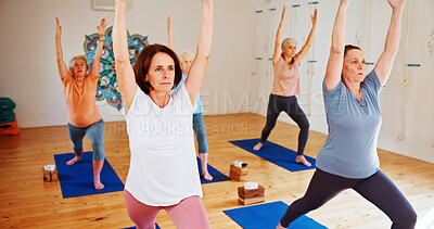 Buy stock photo Group, senior women and stretching in yoga class for fitness, exercise and community for wellness. Elderly people, warm up and pilates lesson for spiritual healing, balance and peace at health club