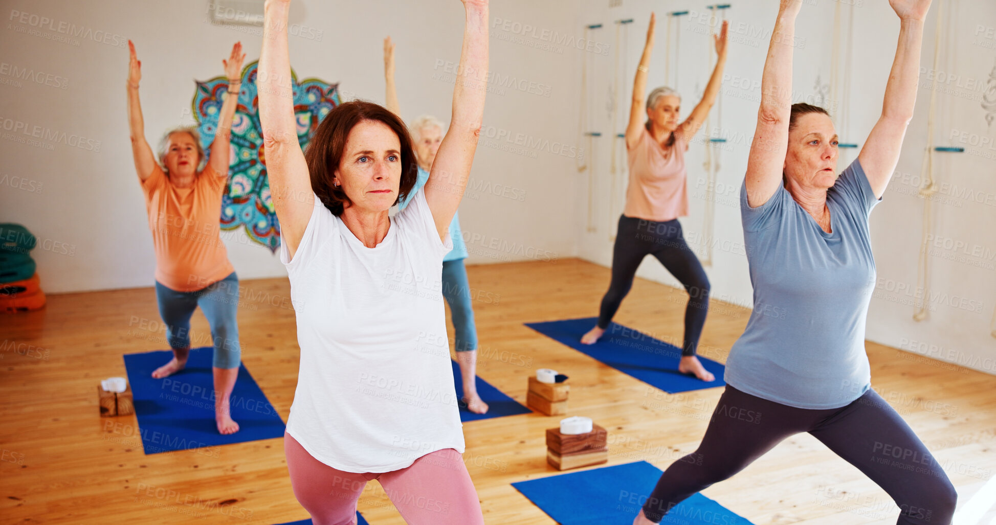 Buy stock photo Group, senior women and stretching in yoga class for fitness, exercise and community for wellness. Elderly people, warm up and pilates lesson for spiritual healing, balance and peace at health club