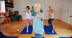 Elderly woman, stretching and arms in yoga class for fitness, exercise and mindfulness for wellness. Portrait, senior person and pilates lesson for spiritual healing, balance and group at health club