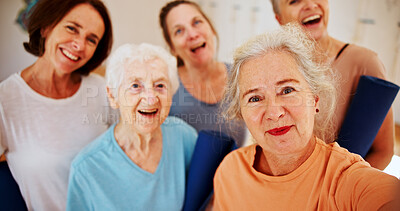 Buy stock photo Selfie, senior and smile with woman friends in yoga class together for fitness, health or wellness. Exercise, profile picture and social media with group of old people in studio for photograph