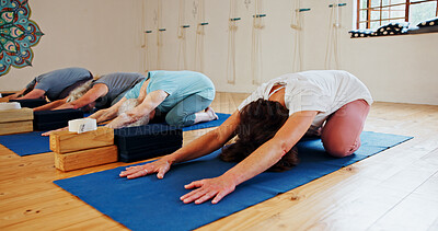 Buy stock photo Group, elderly and people stretching in yoga class for fitness, exercise and spiritual wellness. Senior women, warm up and childs pose of pilates lesson, community and holistic balance at health club