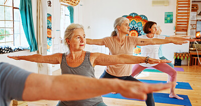 Buy stock photo Elderly people, stretching and class for yoga with zen, fitness exercise and spiritual wellness. Senior women, warrior pose and community pilates, holistic practice and body balance at health club
