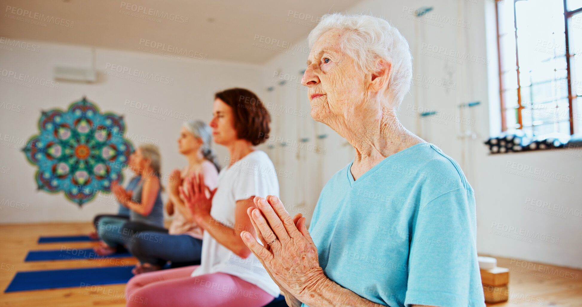 Buy stock photo Zen, namaste and senior women with meditation for calm mindset, group or peace in mental wellness. Posture, morning and people in class together for mindfulness, relax or holistic self care in yoga