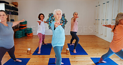 Buy stock photo Senior, people and stretching arms in yoga class for fitness, exercise and spiritual balance for wellness. Elderly women, warm up and warrior pose of pilates lesson, holistic healing and health club