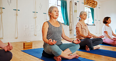 Buy stock photo Floor, lotus and women with group meditation for calm mindset, zen or peace in mental wellness. Posture, morning and senior people in yoga class together for mindfulness, relax or holistic self care