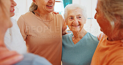 Buy stock photo Fitness, senior people or group support at gym club with exercise community, retirement wellness and teamwork. Elderly women, happy friends and together in circle for workout, health and training