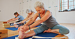 Senior woman, stretching and feet in yoga class, flexibility and spiritual wellness. Elderly person, muscle warm up and community for pilates, holistic practice and mobility exercise at health club