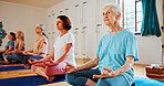 Meditation, lotus and mature women in class for calm mindset, zen or peace in mental wellness. Posture, morning and people in group together for mindfulness, relax or holistic self care on yoga mat
