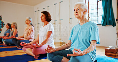 Buy stock photo Meditation, lotus and mature women in class for calm mindset, zen or peace in mental wellness. Posture, morning and people in group together for mindfulness, relax or holistic self care on yoga mat
