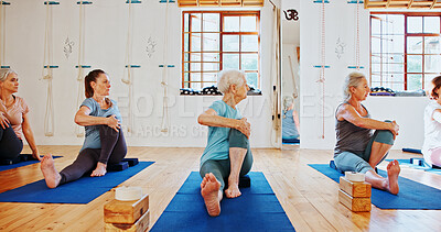 Buy stock photo Group, elderly and people exercise for yoga of fitness, flexibility and spiritual wellness. Senior women, spinal twist pose or community for pilates, holistic practice and body balance at health club