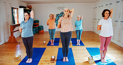 Buy stock photo Yoga class, old women and stretching with energy, spiritual wellness and pilates with fitness. Elderly people, pensioner and group in health club, retirement and balance with exercise and workout