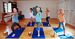 Group, senior people and stretching in yoga class for fitness, exercise and mindfulness for wellness. Elderly women, warm up and pilates lesson for spiritual healing, balance and peace at health club