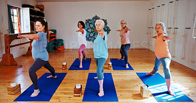 Buy stock photo Group, senior people and stretching in yoga class for fitness, exercise and mindfulness for wellness. Elderly women, warm up and pilates lesson for spiritual healing, balance and peace at health club