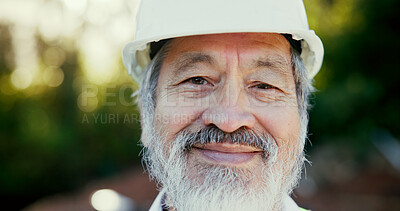 Buy stock photo Happy, crossed arms and face of construction worker on site with confidence for repairs or building. Smile, pride and portrait of Asian foreman with engineering project development for maintenance.