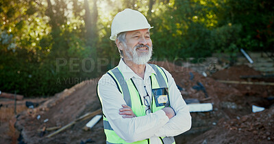 Buy stock photo Construction site, mature man and thinking with arms crossed for building, architecture and ideas. Outdoor, male person and architect with confidence for excavation project, inspiration or contractor