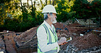 Building, tablet and thinking with construction worker man on site for architecture, development or planning. Ideas, hardhat and vision with mature builder person outdoor for industrial engineering